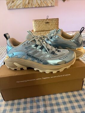 Merrell x Sweaty Betty Speed 2 trail shoes light blue shiny
